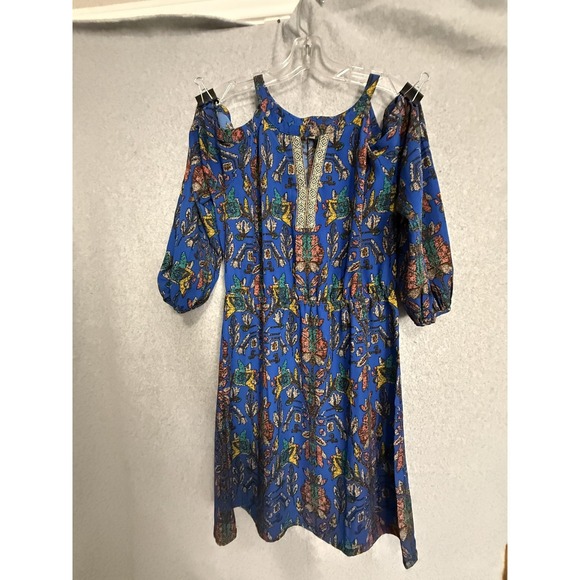 Skies Are Blue Dress Womens Medium Blue Floral Cold Shoulder Boho Fit Flare - Picture 6 of 14